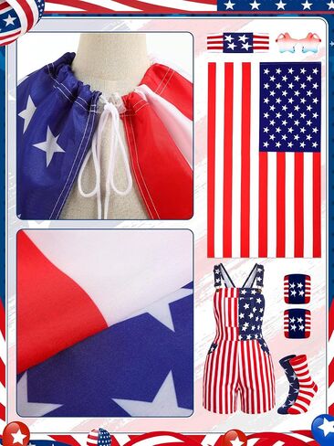 Yahenda 250 Year American Flag Overalls Men's 6-piece Set Patriotic Overall Set with Cape Bandana Sunglasses Wristband Sock in Saudi Arabia
