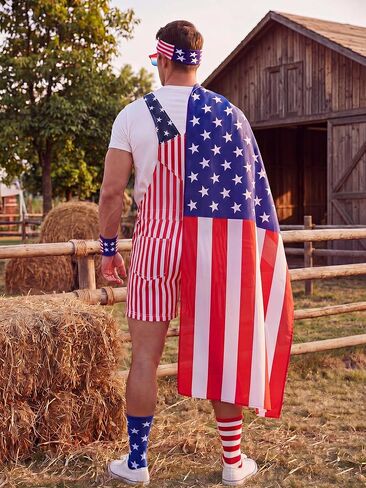 Yahenda 250 Year American Flag Overalls Men's 6-piece Set Patriotic Overall Set with Cape Bandana Sunglasses Wristband Sock in Saudi Arabia