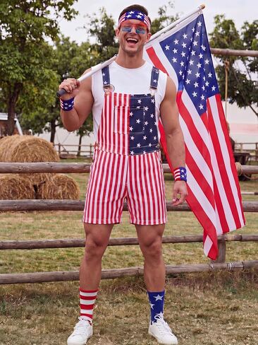 Yahenda 250 Year American Flag Overalls Men's 6-piece Set Patriotic Overall Set with Cape Bandana Sunglasses Wristband Sock in Saudi Arabia