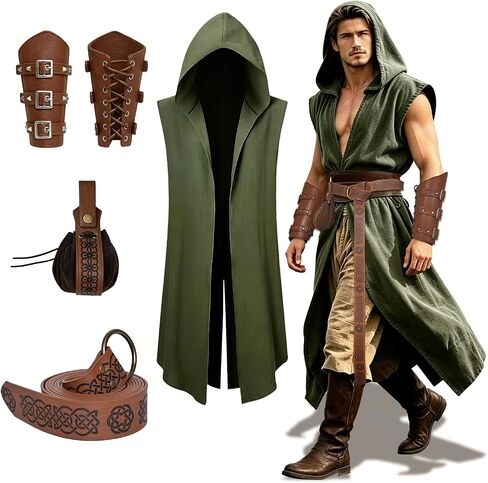 4-Piece Medieval Renaissance Viking Hooded Sleeveless Cape Set, Halloween Costume, Larp Clothing in Kuwait