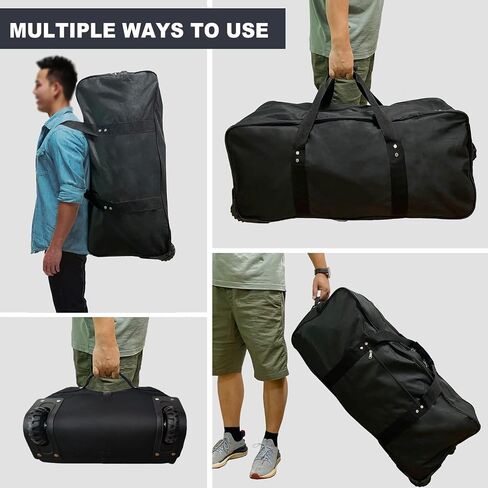 36" Extra Large Foldable Rolling Duffle Bag with Support, Heavy-Duty Spacious Checked Luggage Bag, Wheelered Cargo Tote for Travel Camping Moving, Black in Saudi Arabia