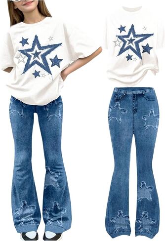 WDIRARA Girl's 2 Piece Outfits Star Denim Print Short Sleeve T Shirt and Bell Bottom Flare Pants Sets in Kuwait