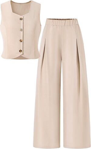 Girls 2 Piece Outfit Set, Sleeveless Button Down Vest Top and Wide Leg Pants,Casual Elegant Formal Suit for 8-12Y in Kuwait