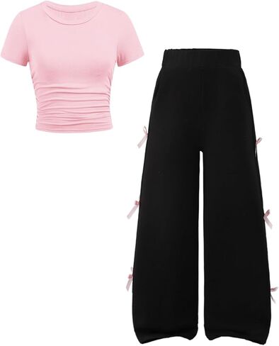 Tween Girls Clothes Short Sleeve Tops and Bowknot Wide Leg Sweatpants Casual Trendy Outfit for Teen Size 7-14 in Kuwait