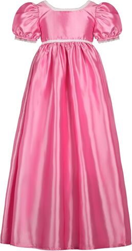Regency Princess Dress for Girls Short Puff Sleeve Satin Floor Length Formal Flower Ball Gown with Lace Trim in Kuwait