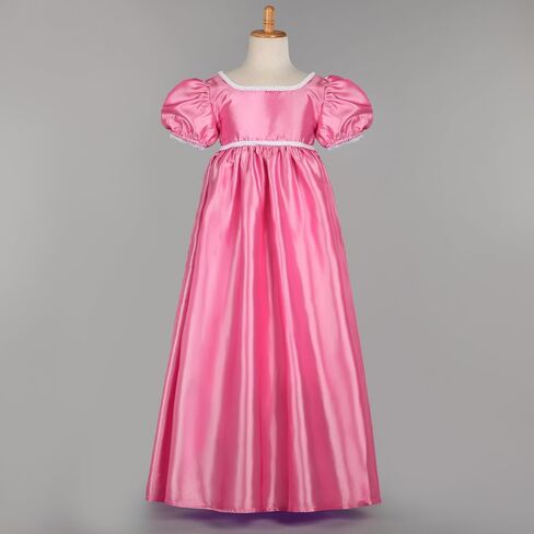 Regency Princess Dress for Girls Short Puff Sleeve Satin Floor Length Formal Flower Ball Gown with Lace Trim in Kuwait