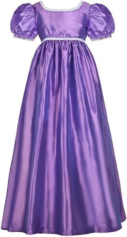Regency Princess Dress for Girls Short Puff Sleeve Satin Floor Length Formal Flower Ball Gown with Lace Trim in Kuwait