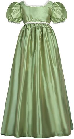 Regency Princess Dress for Girls Short Puff Sleeve Satin Floor Length Formal Flower Ball Gown with Lace Trim in Kuwait
