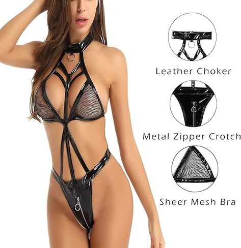 Women's Sexy Cosplay Lingerie Set,Backless Leather Bodysuit Metal Tassel Chain Outfit Bra an Pantie Nightie with Choker in Kuwait