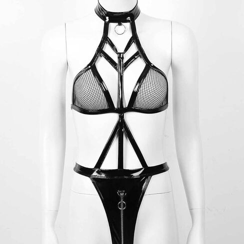 Women's Sexy Cosplay Lingerie Set,Backless Leather Bodysuit Metal Tassel Chain Outfit Bra an Pantie Nightie with Choker in Kuwait