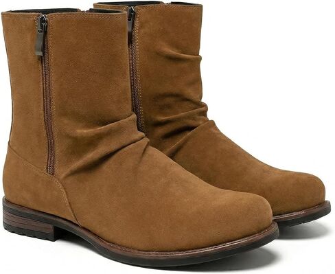Men’s Suede-Look Slouch Zip Boot, Ruched Mid-Calf Ankle Height, Rounded Toe, Low Stacked Heel, Traction Outsole for Commute, Travel, City Nights in Saudi Arabia