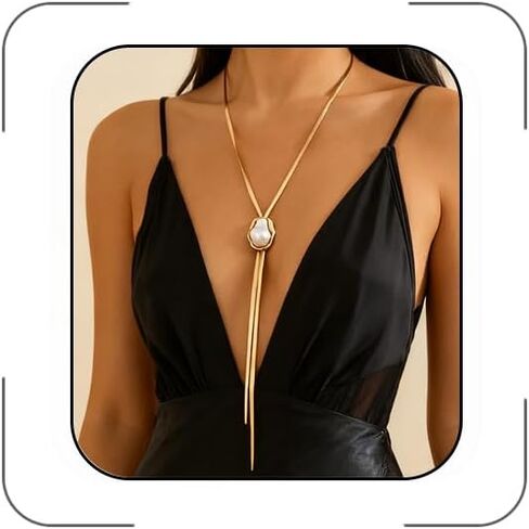 Long Gold Necklace for Women,Dainty Lariat Herringbone Chain Necklace Chunky Pearl Long Snake Chain Statement Necklaces Prom Body Jewelry Accessories in Kuwait