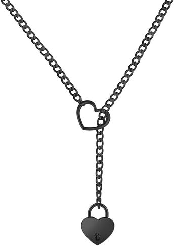Heart Slip Chain Necklace for Women Goth Lock Heart Choker Collar for Women Punk Cuban Chain Necklace Stainless Steel O-rings Adjustable Lariat Y-Necklace with Key (black) in Saudi Arabia
