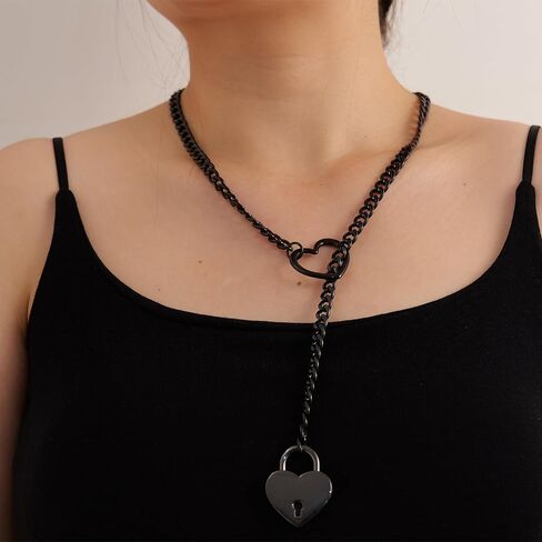 Heart Slip Chain Necklace for Women Goth Lock Heart Choker Collar for Women Punk Cuban Chain Necklace Stainless Steel O-rings Adjustable Lariat Y-Necklace with Key (black) in Saudi Arabia