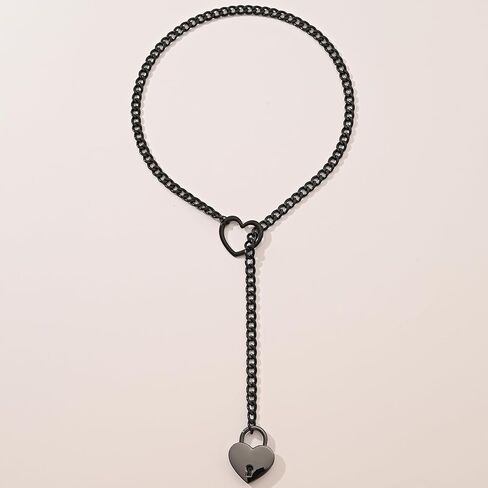 Heart Slip Chain Necklace for Women Goth Lock Heart Choker Collar for Women Punk Cuban Chain Necklace Stainless Steel O-rings Adjustable Lariat Y-Necklace with Key (black) in Saudi Arabia