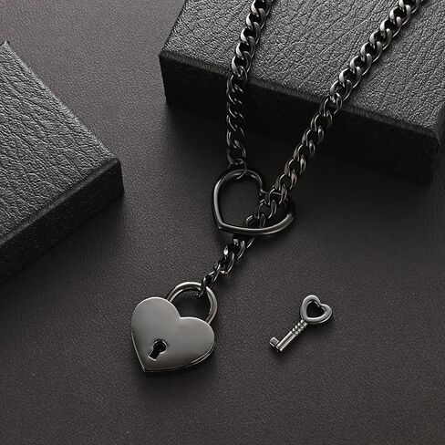 Heart Slip Chain Necklace for Women Goth Lock Heart Choker Collar for Women Punk Cuban Chain Necklace Stainless Steel O-rings Adjustable Lariat Y-Necklace with Key (black) in Saudi Arabia