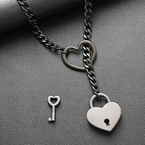 Heart Slip Chain Necklace for Women Goth Lock Heart Choker Collar for Women Punk Cuban Chain Necklace Stainless Steel O-rings Adjustable Lariat Y-Necklace with Key (black) in Saudi Arabia