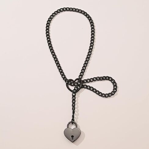 Heart Slip Chain Necklace for Women Goth Lock Heart Choker Collar for Women Punk Cuban Chain Necklace Stainless Steel O-rings Adjustable Lariat Y-Necklace with Key (black) in Saudi Arabia