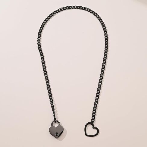 Heart Slip Chain Necklace for Women Goth Lock Heart Choker Collar for Women Punk Cuban Chain Necklace Stainless Steel O-rings Adjustable Lariat Y-Necklace with Key (black) in Saudi Arabia