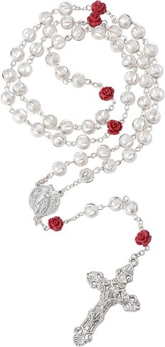 8mm Silver Plated Beads Catholic Rosary Necklace with Coral Rose Glory Beads in Virgin Mary PU Leather Bag for Women in Saudi Arabia