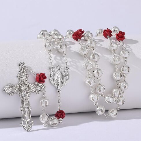 8mm Silver Plated Beads Catholic Rosary Necklace with Coral Rose Glory Beads in Virgin Mary PU Leather Bag for Women in Saudi Arabia