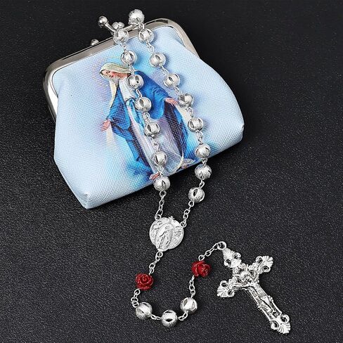 8mm Silver Plated Beads Catholic Rosary Necklace with Coral Rose Glory Beads in Virgin Mary PU Leather Bag for Women in Saudi Arabia