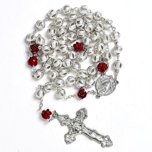 8mm Silver Plated Beads Catholic Rosary Necklace with Coral Rose Glory Beads in Virgin Mary PU Leather Bag for Women in Saudi Arabia