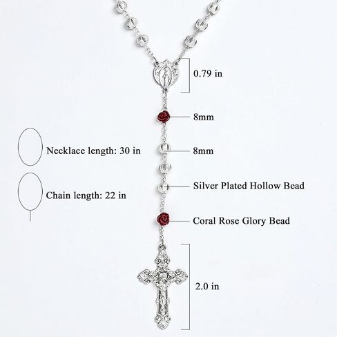 8mm Silver Plated Beads Catholic Rosary Necklace with Coral Rose Glory Beads in Virgin Mary PU Leather Bag for Women in Saudi Arabia