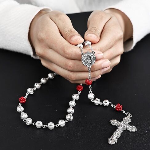 8mm Silver Plated Beads Catholic Rosary Necklace with Coral Rose Glory Beads in Virgin Mary PU Leather Bag for Women in Saudi Arabia