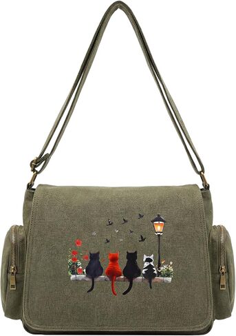 Paterr Whimsical Cat Pattern Messenger Bag Cute Canvas Crossbody Bags Shoulder Messenger Purses Handbags with Pockets in Kuwait