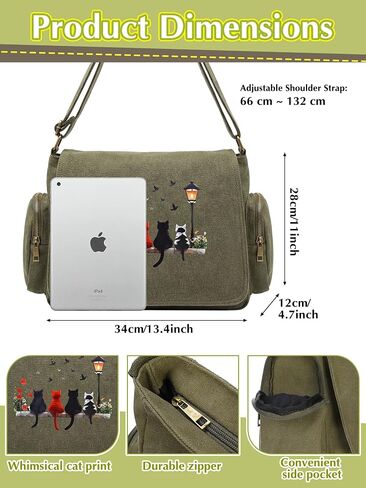 Paterr Whimsical Cat Pattern Messenger Bag Cute Canvas Crossbody Bags Shoulder Messenger Purses Handbags with Pockets in Kuwait