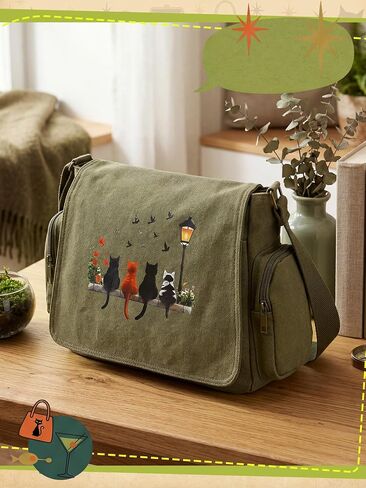 Paterr Whimsical Cat Pattern Messenger Bag Cute Canvas Crossbody Bags Shoulder Messenger Purses Handbags with Pockets in Kuwait