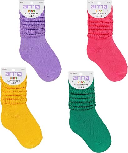 ARRIA Kids Slouch Socks – Multipack Soft Breathable Cotton Unisex Crew, Cozy All-Day Fit, Trendy Slouch Style, Fun Vibrant Colors (Lilac/Hot Pink/Lemon/Teal Green, 3y-5y) in Saudi Arabia