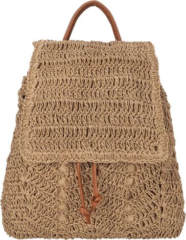 Monique Women Medium Paper Straw Handmade Woven Backpack Flap Drawstring Shoulders Bag Beach Daypack in Saudi Arabia