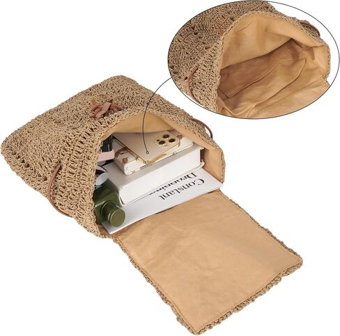 Monique Women Medium Paper Straw Handmade Woven Backpack Flap Drawstring Shoulders Bag Beach Daypack in Saudi Arabia