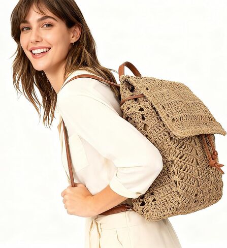 Monique Women Medium Paper Straw Handmade Woven Backpack Flap Drawstring Shoulders Bag Beach Daypack in Saudi Arabia