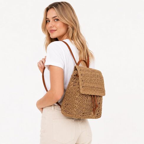 Monique Women Medium Paper Straw Handmade Woven Backpack Flap Drawstring Shoulders Bag Beach Daypack in Saudi Arabia