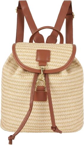 Women Small Straw Woven Backpack Flap Drawstring Bucket Bag, Khaki With Brown Edge in Saudi Arabia