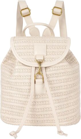 Women Small Straw Woven Backpack Flap Drawstring Bucket Bag, Khaki With Brown Edge in Saudi Arabia