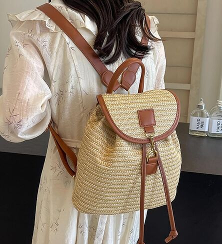 Women Small Straw Woven Backpack Flap Drawstring Bucket Bag, Khaki With Brown Edge in Saudi Arabia