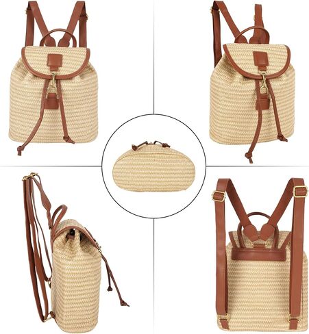 Women Small Straw Woven Backpack Flap Drawstring Bucket Bag, Khaki With Brown Edge in Saudi Arabia