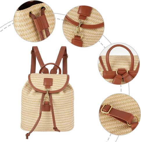 Women Small Straw Woven Backpack Flap Drawstring Bucket Bag, Khaki With Brown Edge in Saudi Arabia