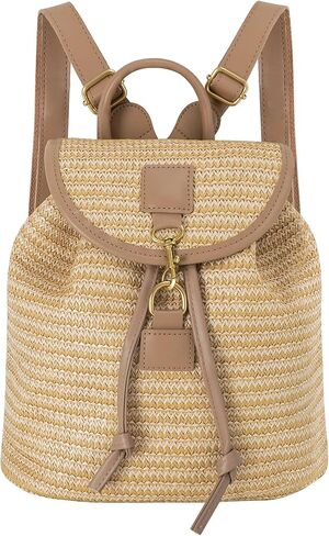 Women Small Straw Woven Backpack Flap Drawstring Bucket Bag, Khaki With Brown Edge in Saudi Arabia