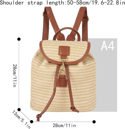 Women Small Straw Woven Backpack Flap Drawstring Bucket Bag, Khaki With Brown Edge in Saudi Arabia