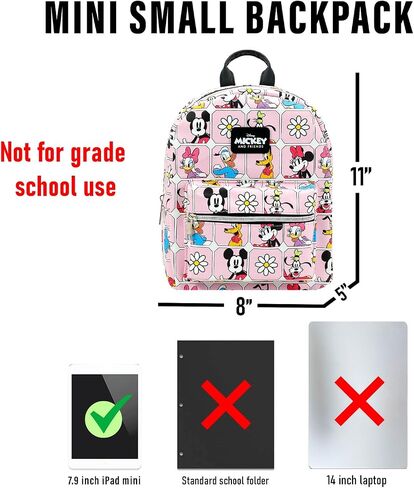 Mickey and Friends Mini Backpack - 11" Exclusive Disney Faux Leather Small Backpack with Front Pocket and Button Bundle | Adjusts to Fit Women, Teens, Girls, Kids in Kuwait