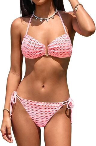 CUPSHE Two Piece Swimsuit for Women V Neck Halter Cheeky Bikini Set Low Rise Back Self Tie Swimwear in Kuwait