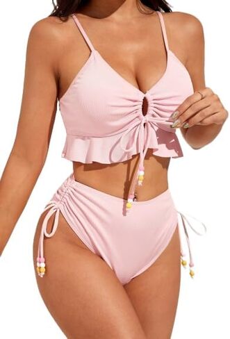 SKAYS Women's Two Piece Swimsuit Ruffle Bikini High Waisted Bikini Sets Halter Bathing Suit for Curvy Women with Drawstring in Kuwait