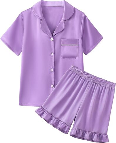 Mikrdoo Girls Pajamas Summer Soft Silk Satin Short Sleeve Cute PJs Sleepwear for Kids 6-16Y in Kuwait