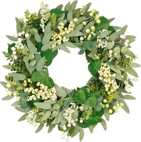 Vlorart 22 Inch Artificial Spring Summer Christmas Greenery Wreaths for Front Door Green Eucalyptus Leaf Wreath Decor Boxwood with Big Berries for Outside Year Round in Saudi Arabia