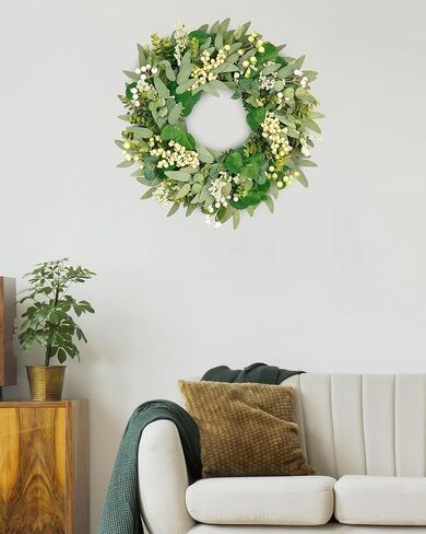 Vlorart 22 Inch Artificial Spring Summer Christmas Greenery Wreaths for Front Door Green Eucalyptus Leaf Wreath Decor Boxwood with Big Berries for Outside Year Round in Saudi Arabia